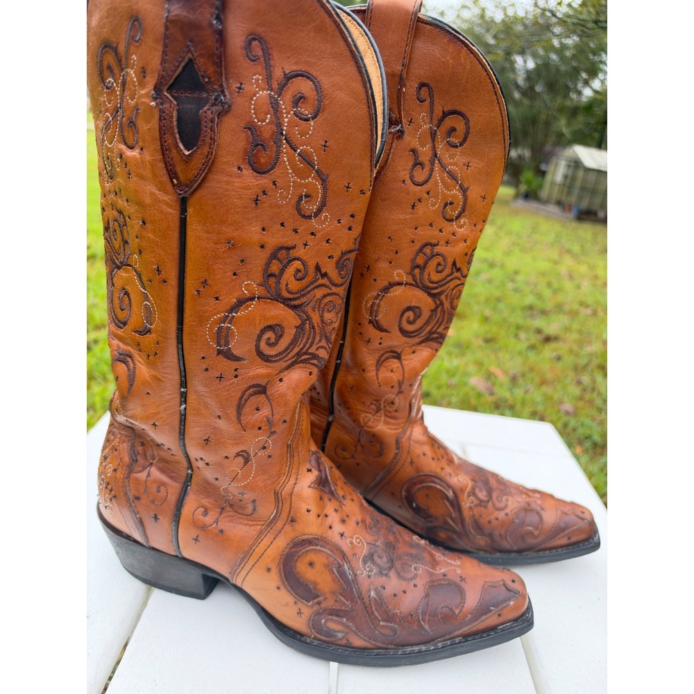 Sterling River Tan Leather Embroidered Cowboy Boots Womens 7 B SR2102 Mexico